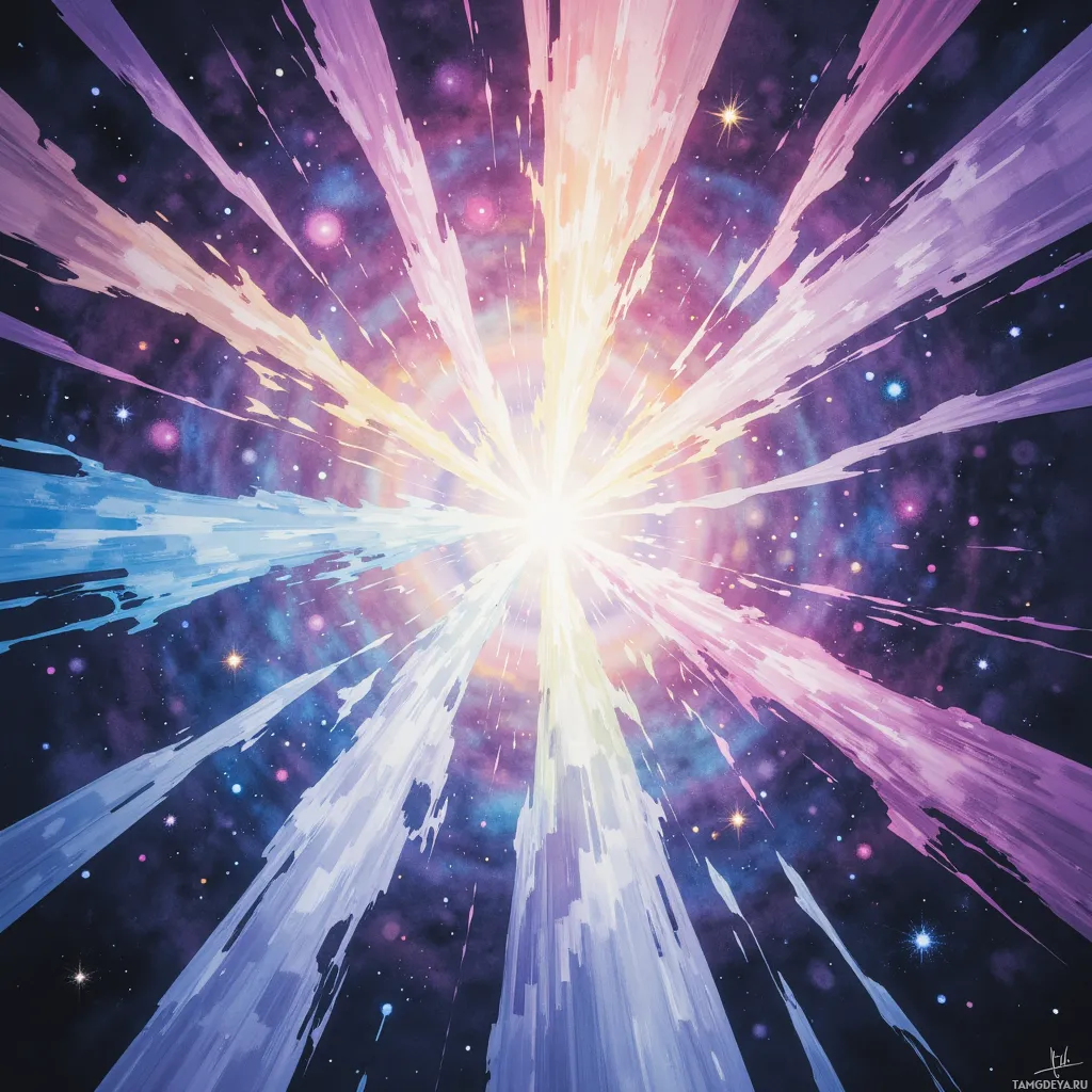 A vibrant cosmic explosion with streaks of light and stars in space.