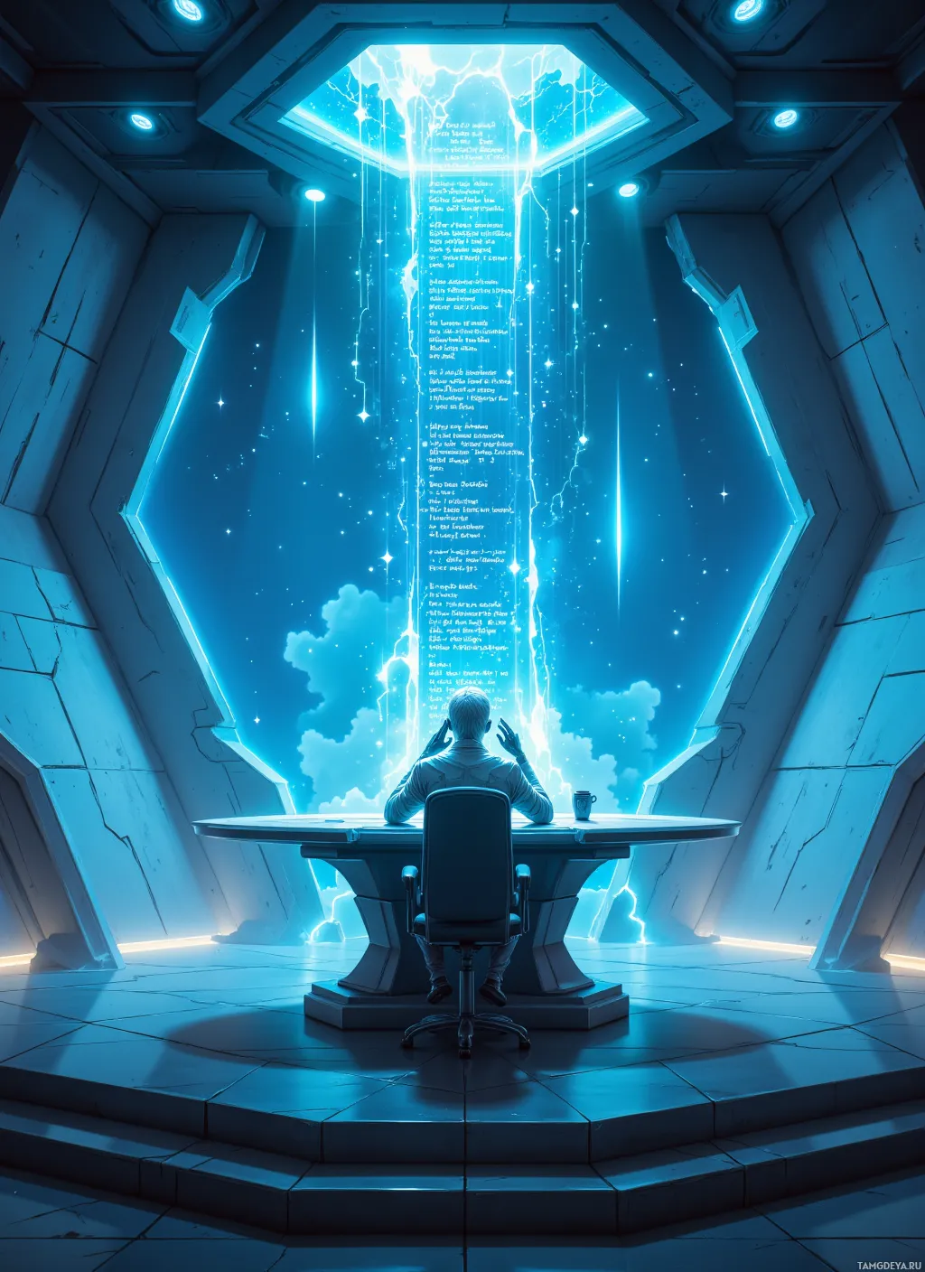 A person sits at a desk in a futuristic room with glowing blue light and a large window.