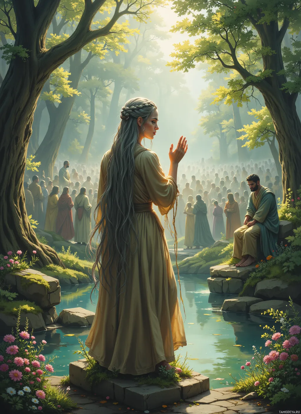 A woman in a flowing robe stands by a serene pond, surrounded by a crowd of people in a lush forest setting.