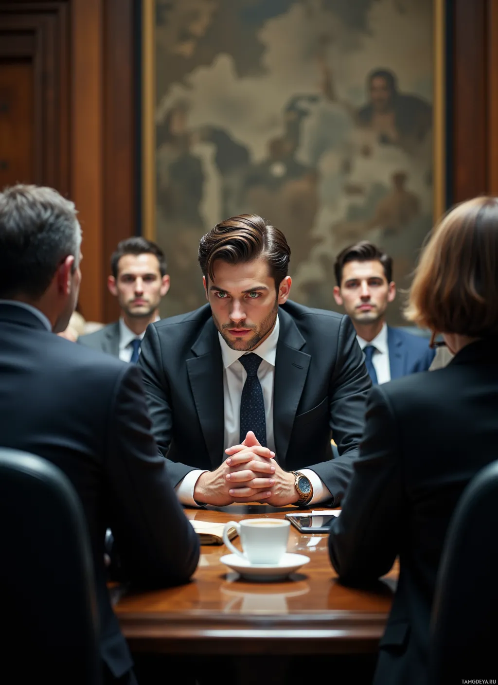 A group of formally dressed individuals is seated around a conference table in a professional setting.