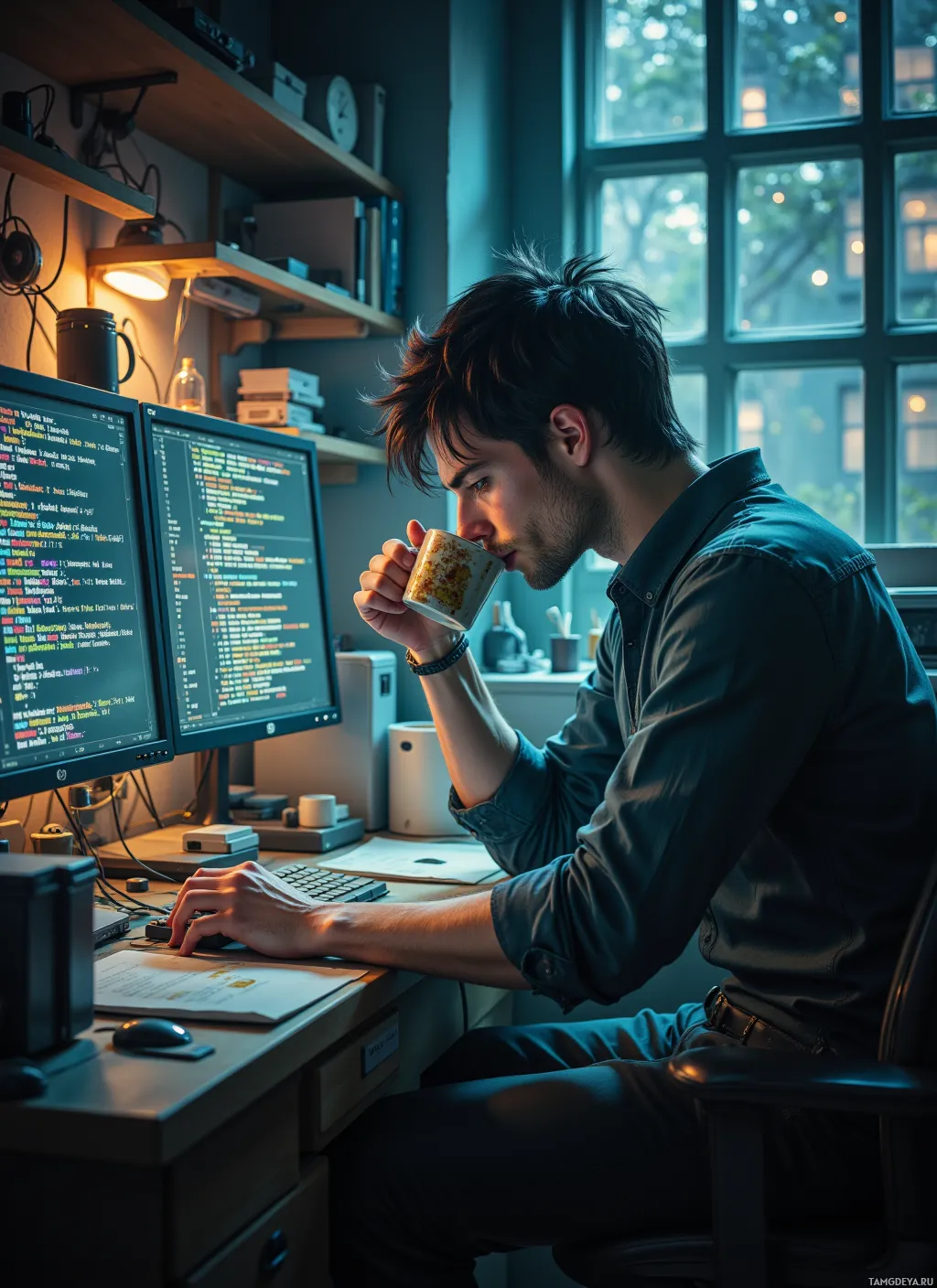 A person is working at a desk with two computer monitors displaying code, sipping from a mug.
