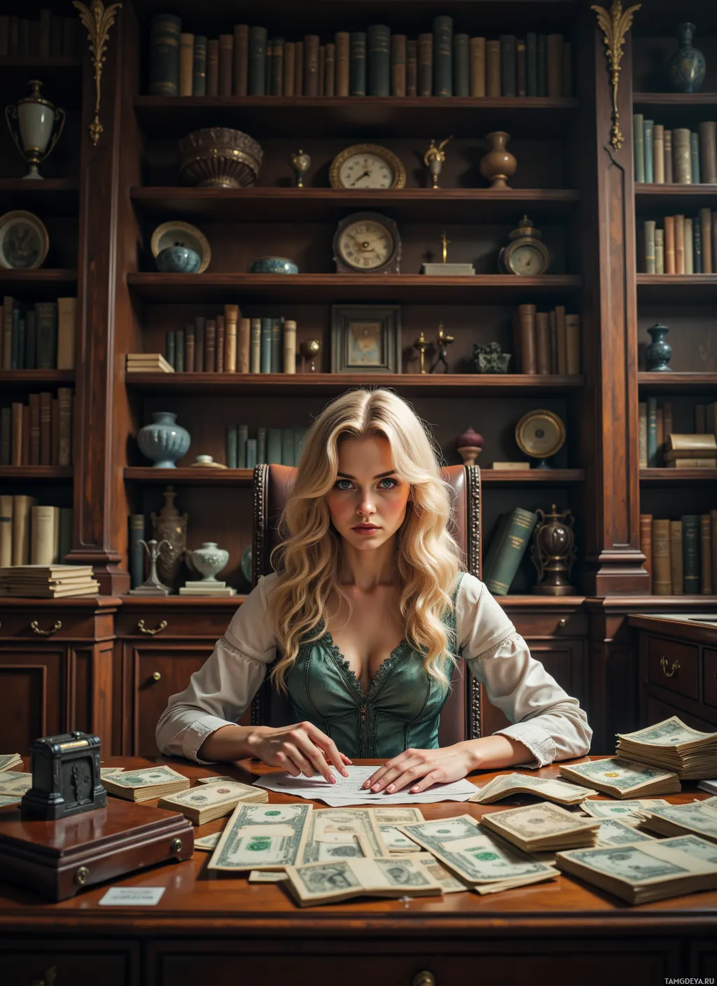 A woman sits at a desk in a library surrounded by books and money.