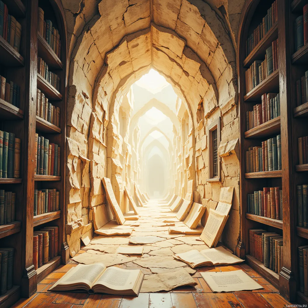 A stone archway leads to a sunlit library with bookshelves and scattered open books on the floor.