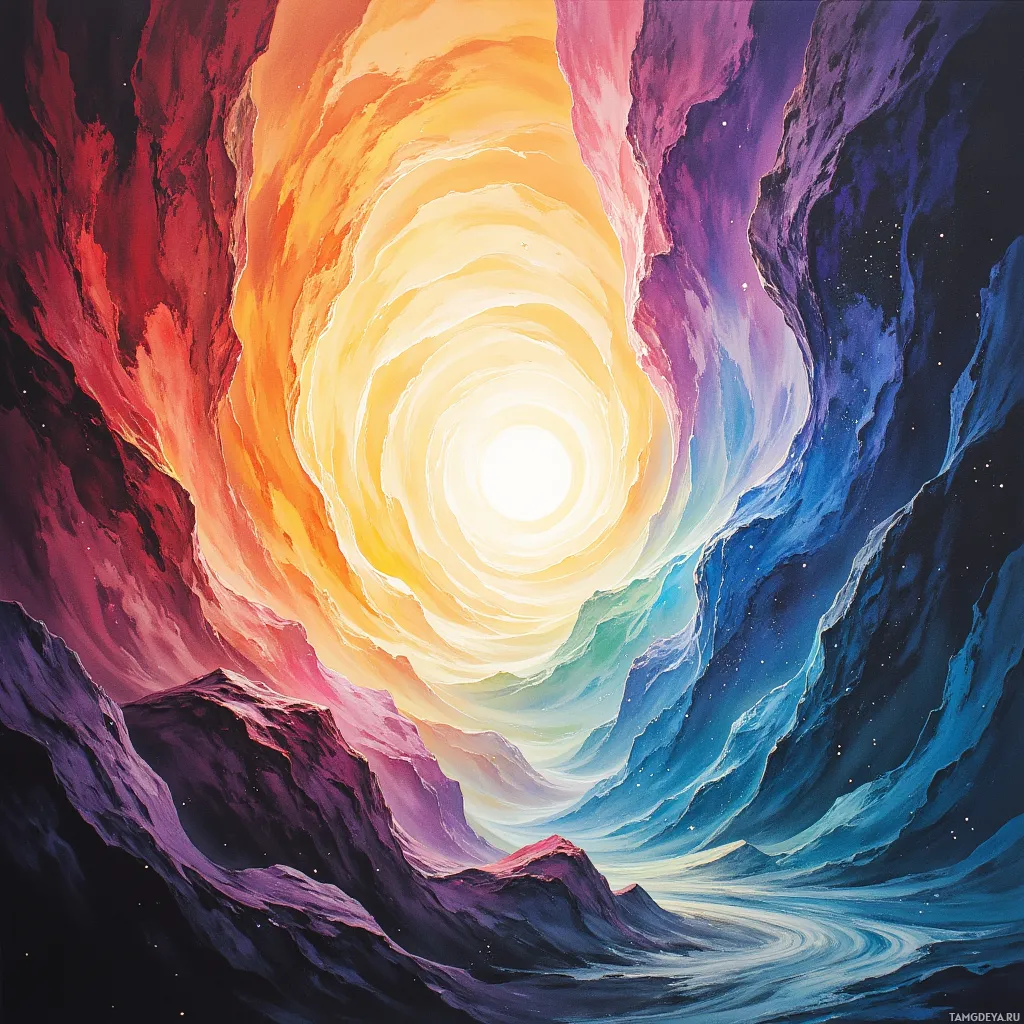 A vibrant, abstract tunnel of swirling colors leading to a bright light at the center.