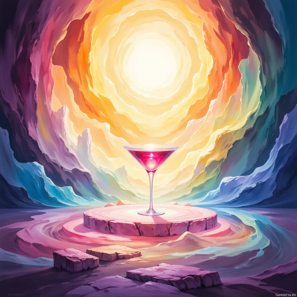 A vibrant, surreal scene featuring a glowing cocktail glass on a pedestal in a colorful, swirling tunnel.