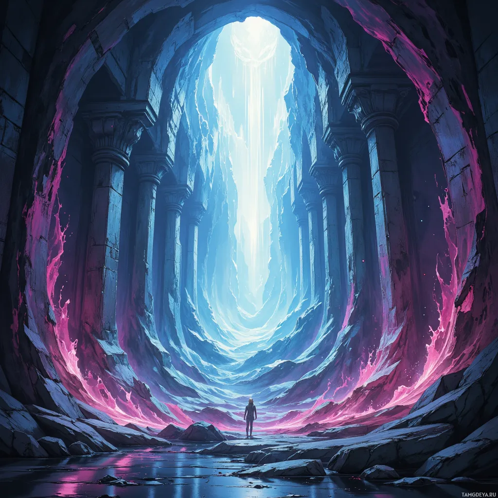 A person stands at the entrance of a grand, ethereal cave illuminated by a bright, glowing light at the end.