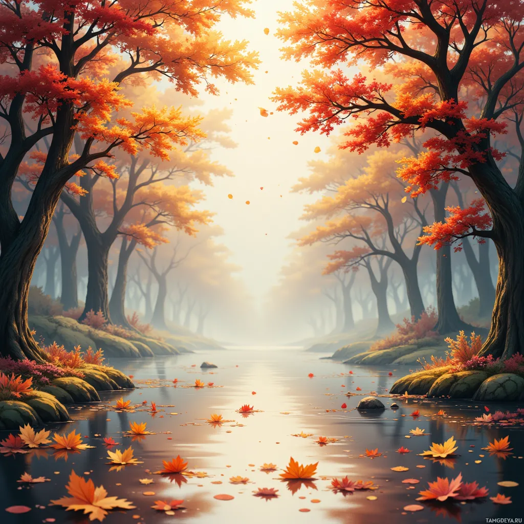 A serene autumn scene with colorful trees, fallen leaves, and a calm river.