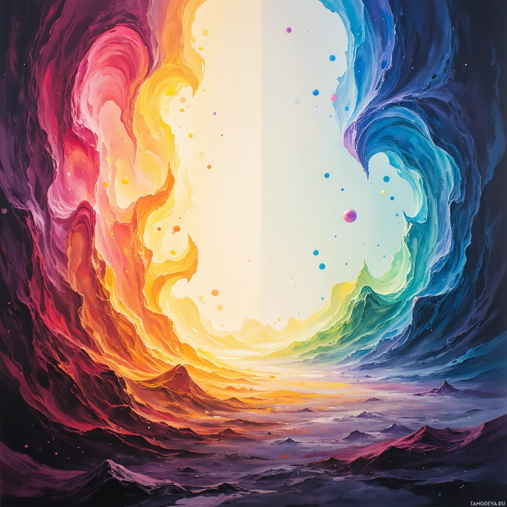 A vibrant, abstract painting featuring swirling colors and a central light source.