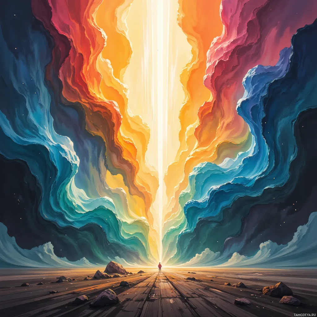 A vibrant, abstract landscape featuring swirling colors and a bright light source at the horizon.