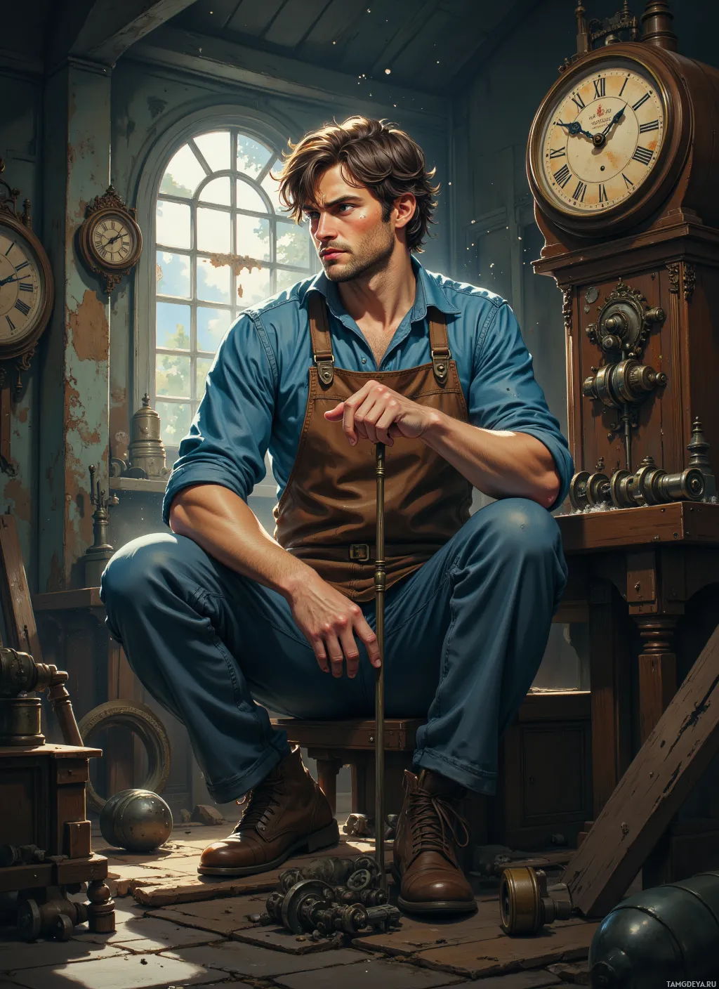 A man in overalls sits in a rustic workshop with antique clocks and tools.