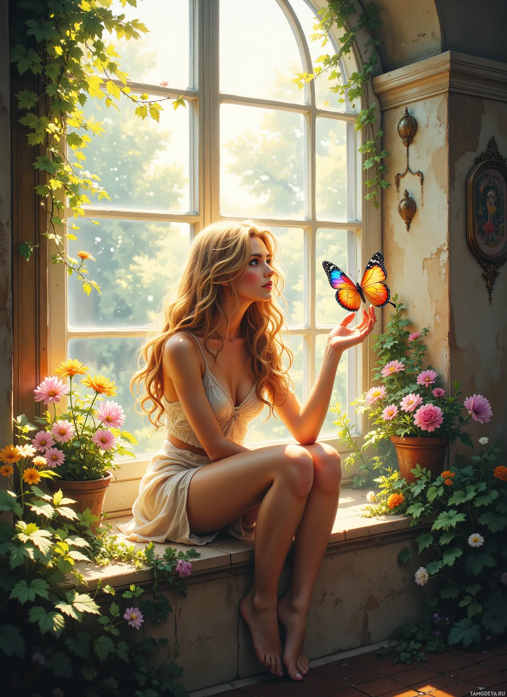 A woman sits on a windowsill surrounded by flowers and a butterfly, bathed in sunlight.