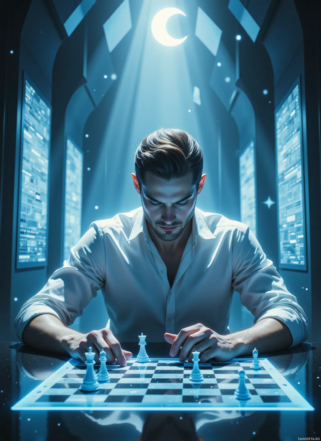 A man in a white shirt is playing chess in a dimly lit room with glowing blue light and a crescent moon in the background.