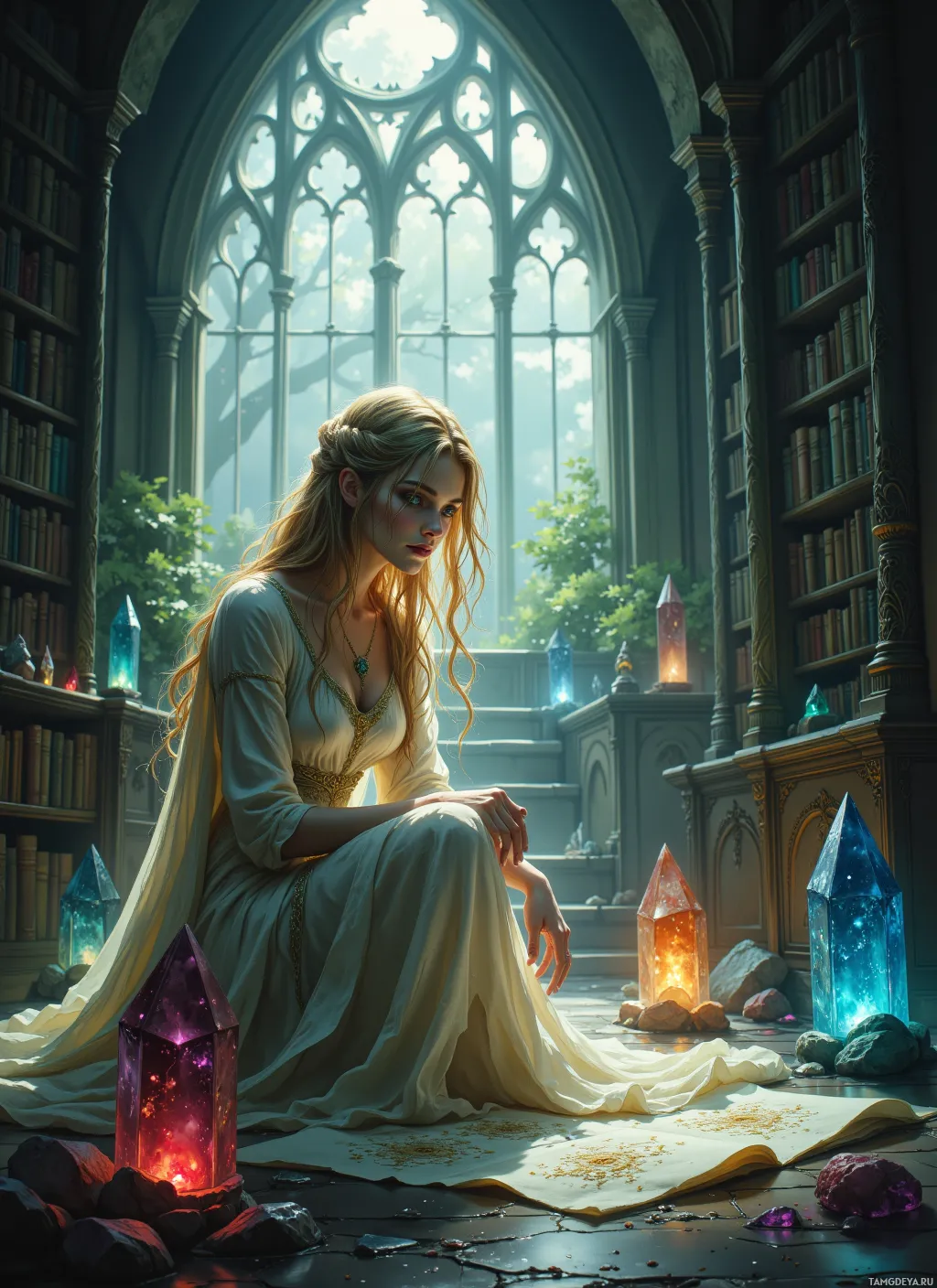 A woman in a white gown sits in a library with glowing crystals and a large arched window.