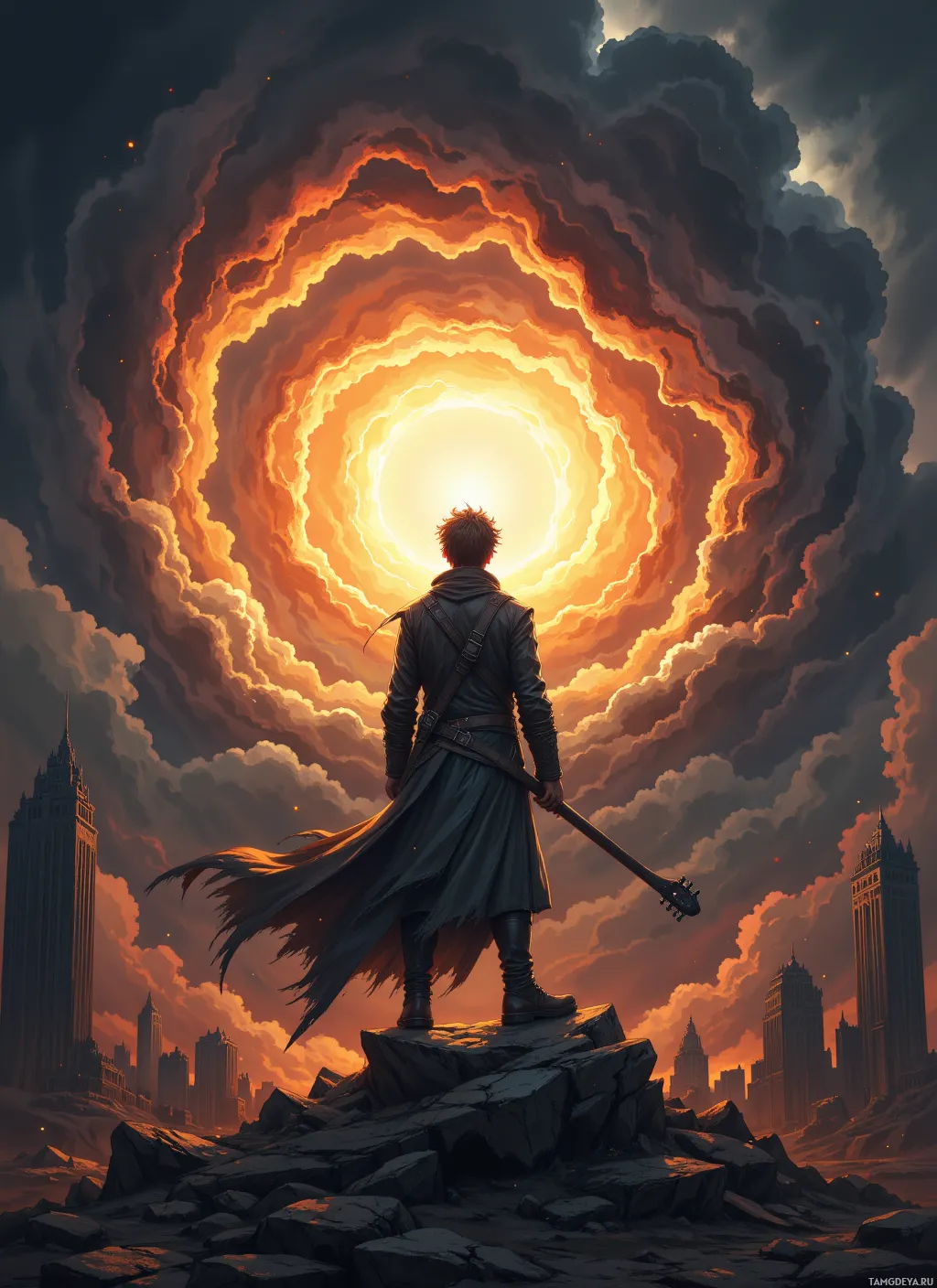 A lone figure stands on a rocky outcrop, gazing at a swirling portal of light and fire against a dramatic sky.