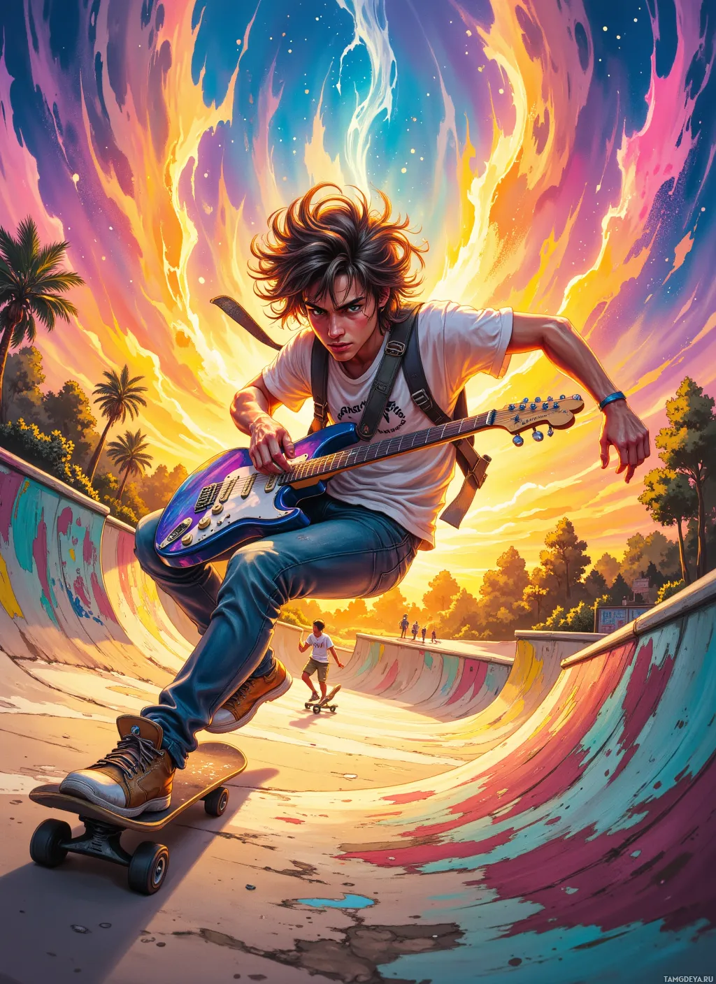 A skateboarder rides a colorful ramp under a vibrant, fiery sky.