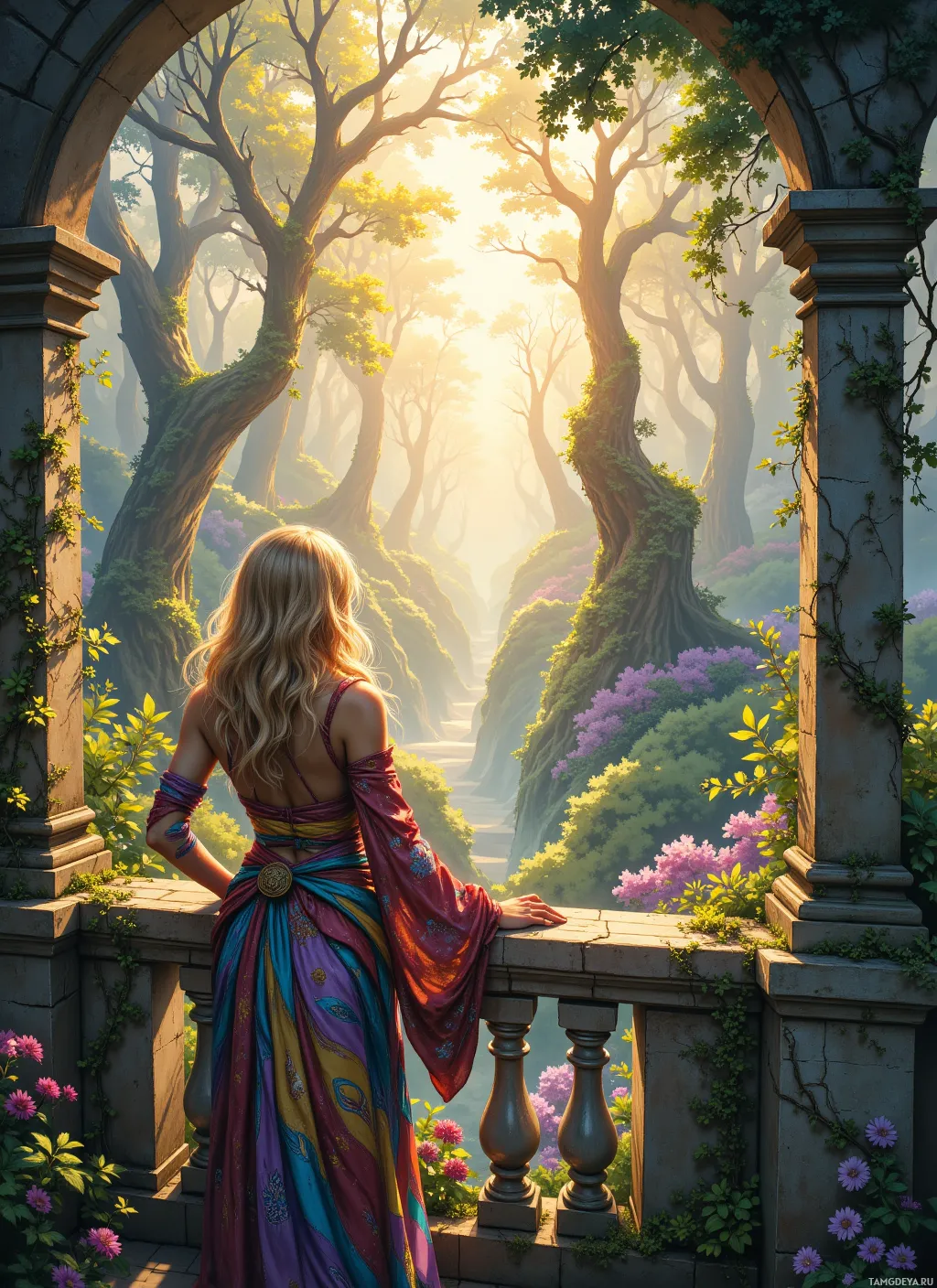A woman in a colorful dress stands on a balcony overlooking a lush, sunlit forest.