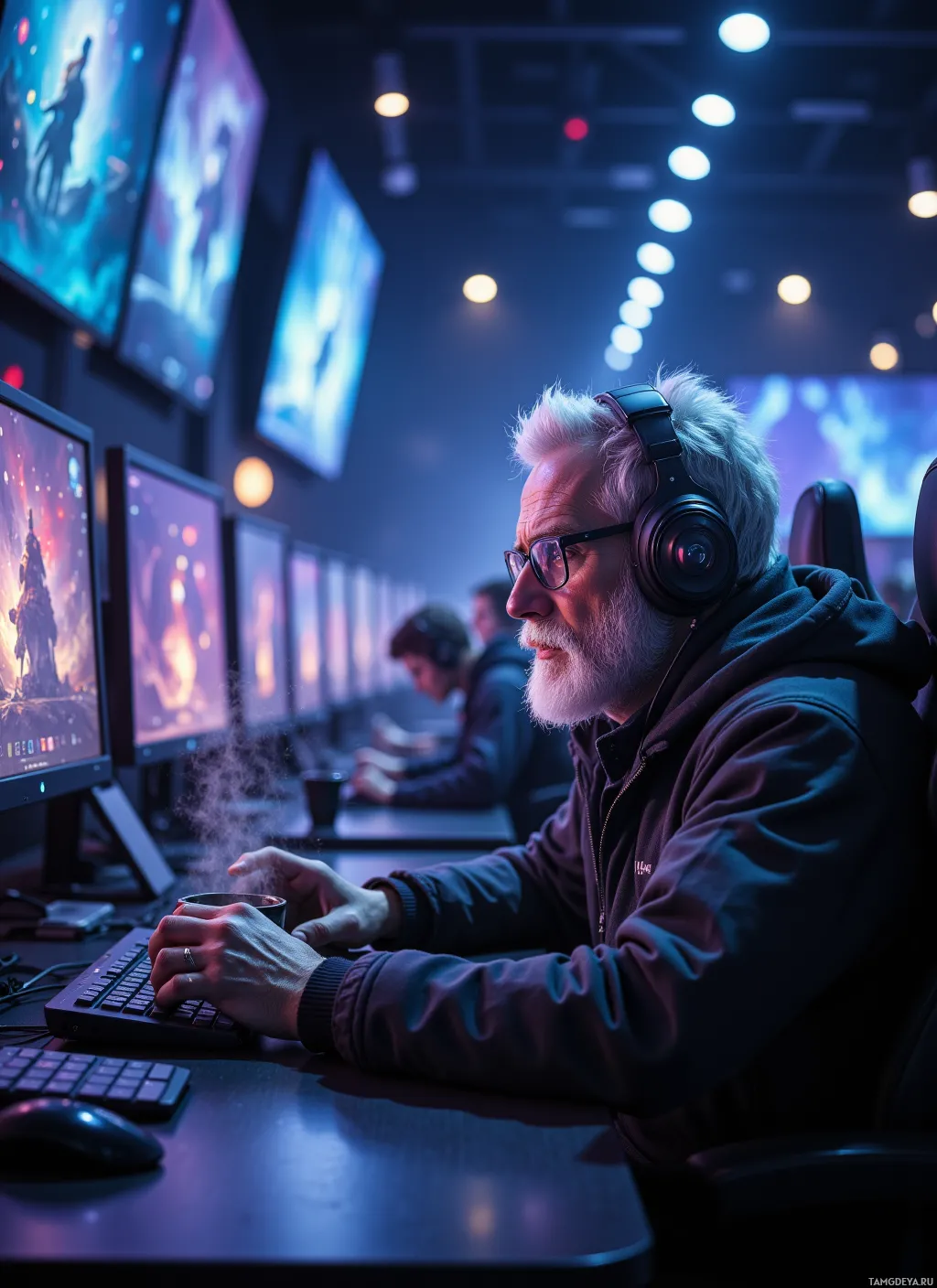An older man with white hair and beard sits at a computer station, wearing headphones and holding a mug, surrounded by multiple monitors displaying colorful graphics.