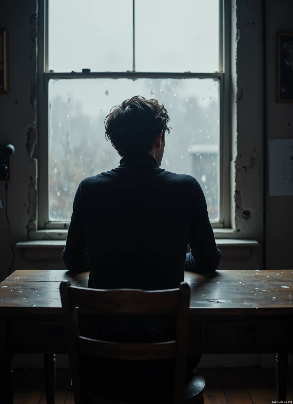 A person sits at a desk, gazing out a window with raindrops visible on the glass.