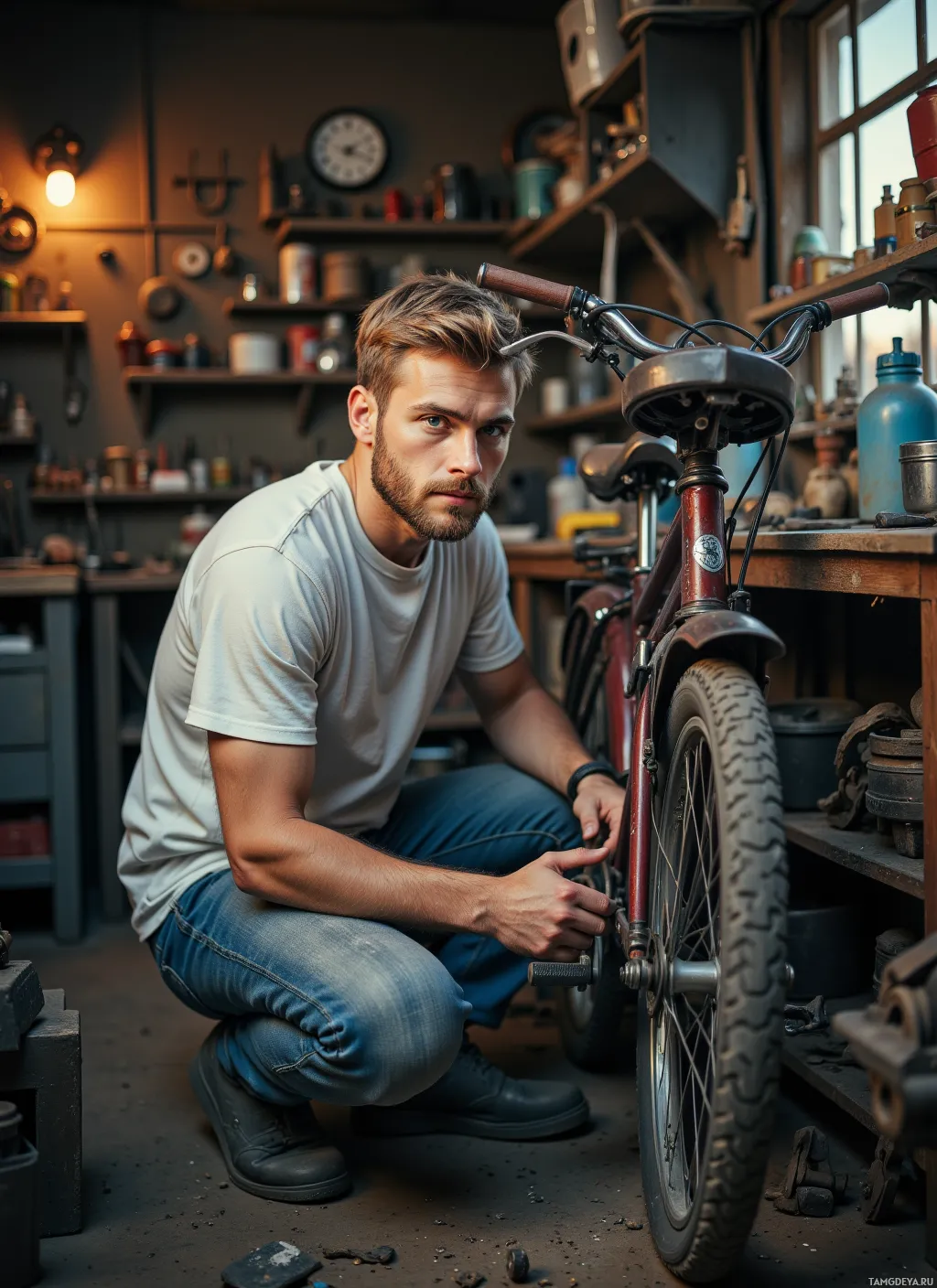 A man is kneeling in a workshop, working on a bicycle wheel.