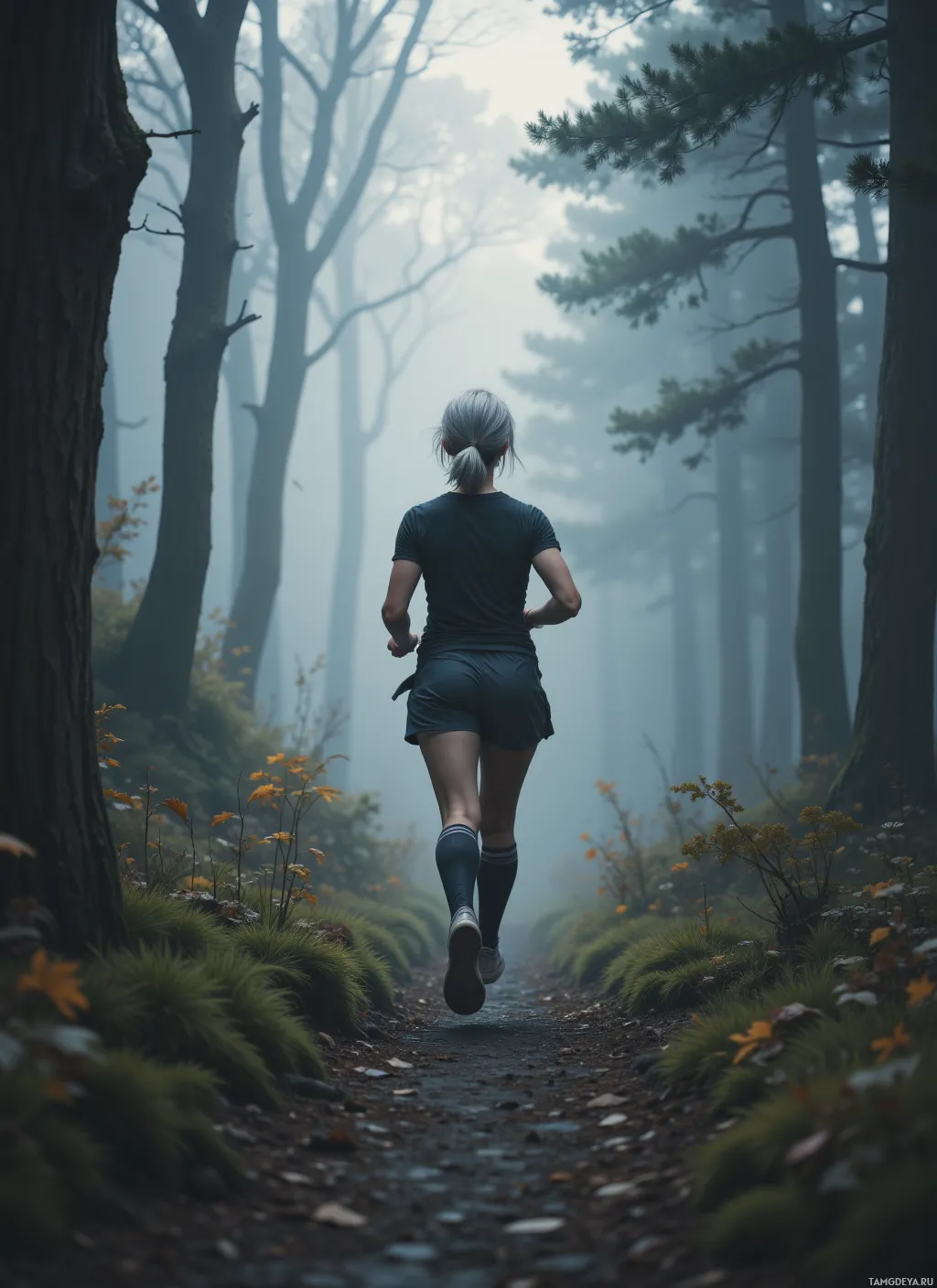 A person jogs along a misty forest path surrounded by tall trees and greenery.