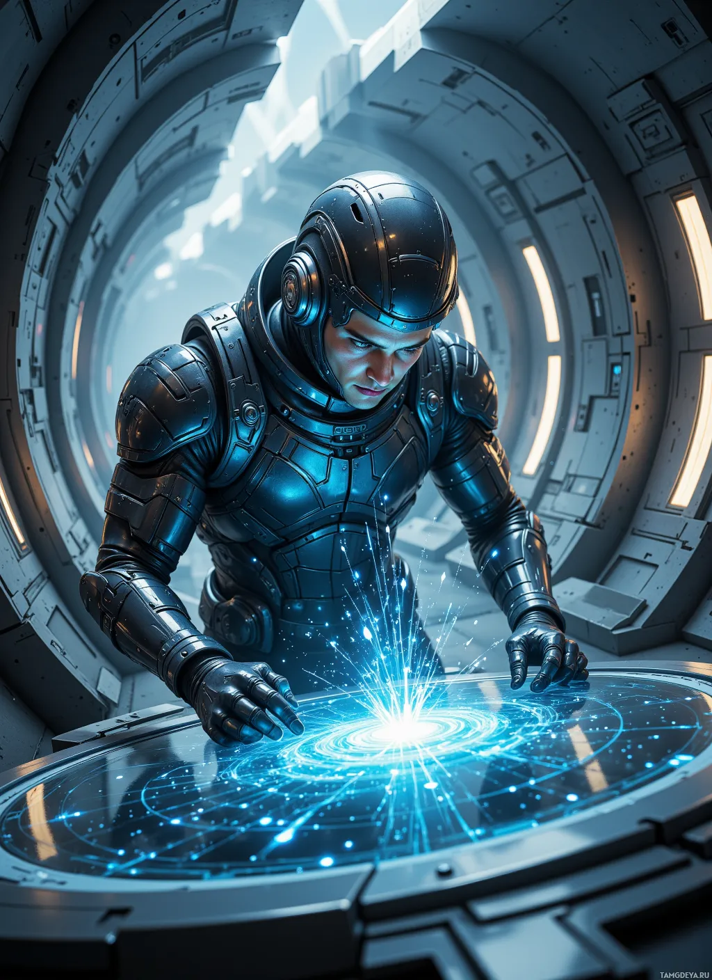 A futuristic astronaut in a sleek suit interacts with a glowing, intricate display in a high-tech environment.