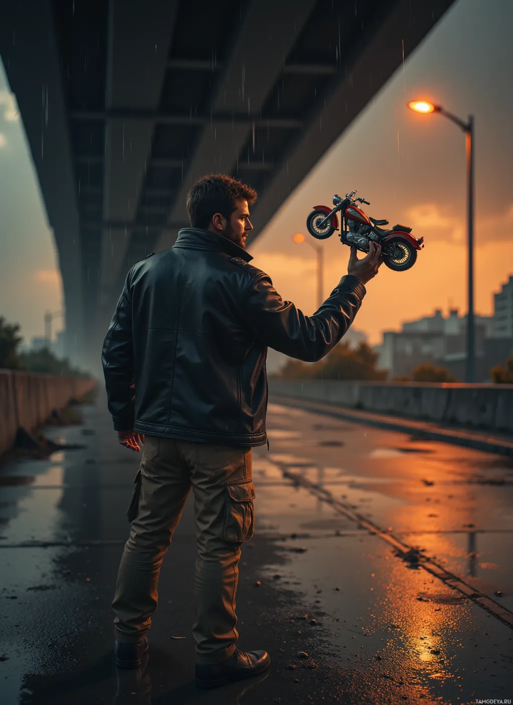 A man stands under a bridge holding a toy motorcycle in the rain.