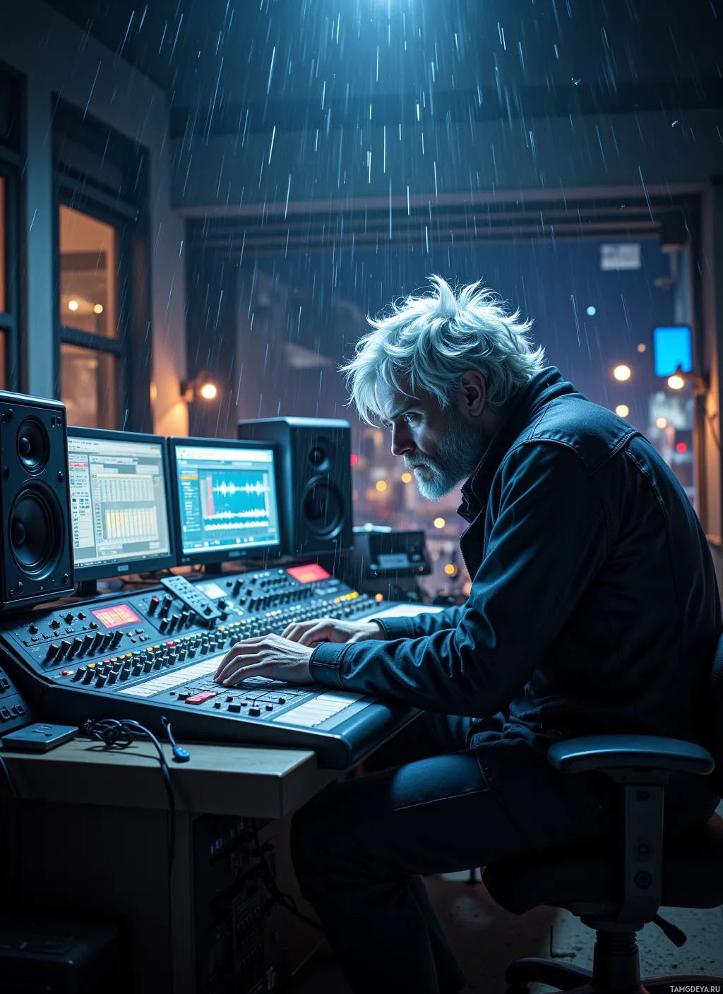 A person is working at a sound mixing console in a dimly lit room with rain falling outside.