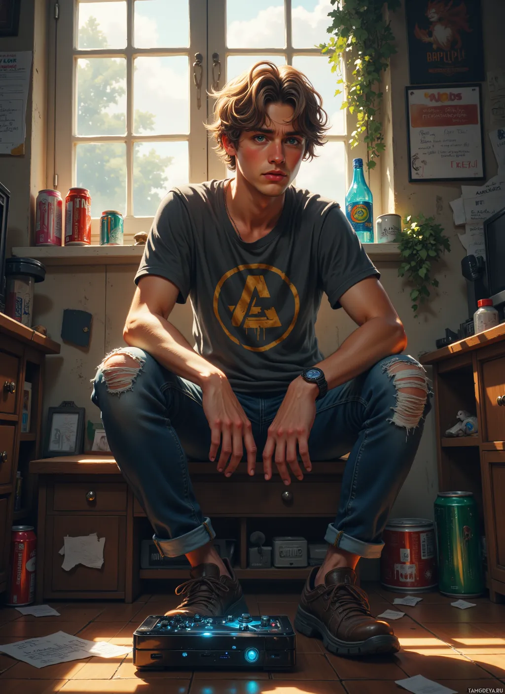 A young man sits in a sunlit room, wearing a casual outfit and a wristwatch, with a gaming controller on the floor in front of him.