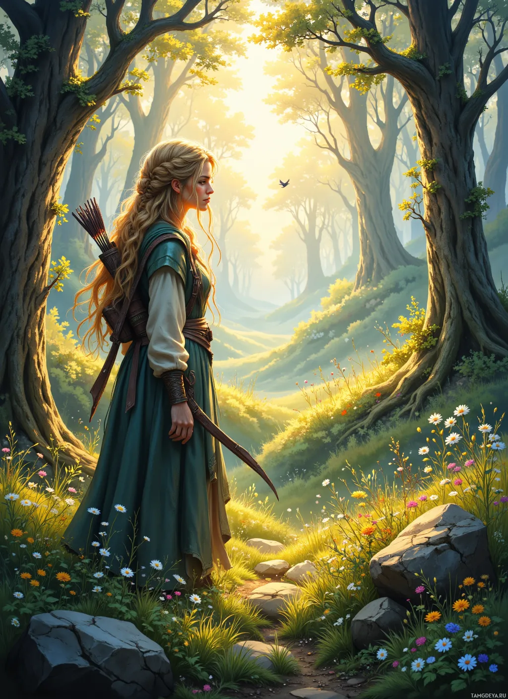 A woman with long hair stands in a forest, surrounded by tall trees and wildflowers, bathed in golden sunlight.