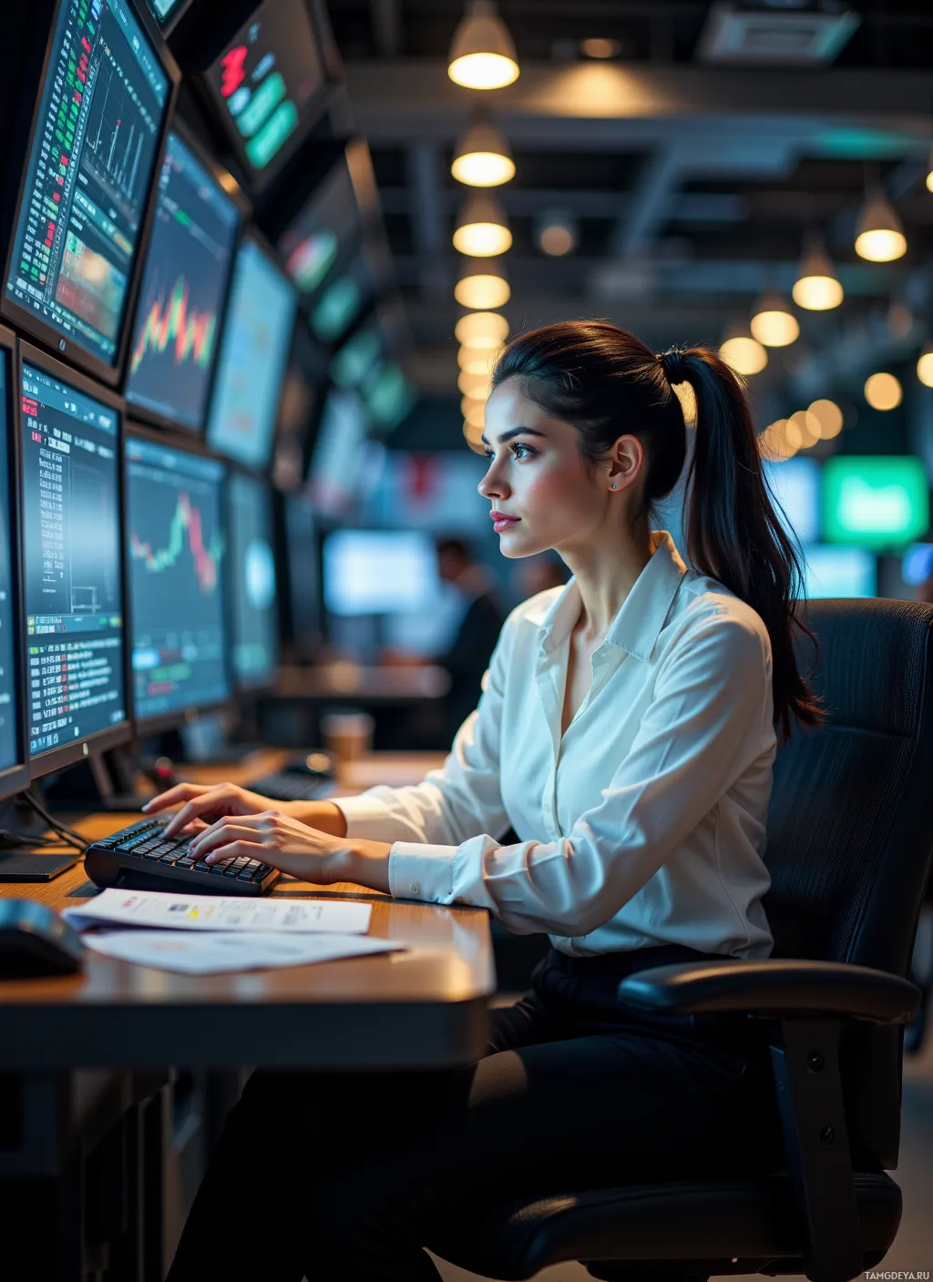 A woman works at a desk with multiple computer monitors displaying financial data.