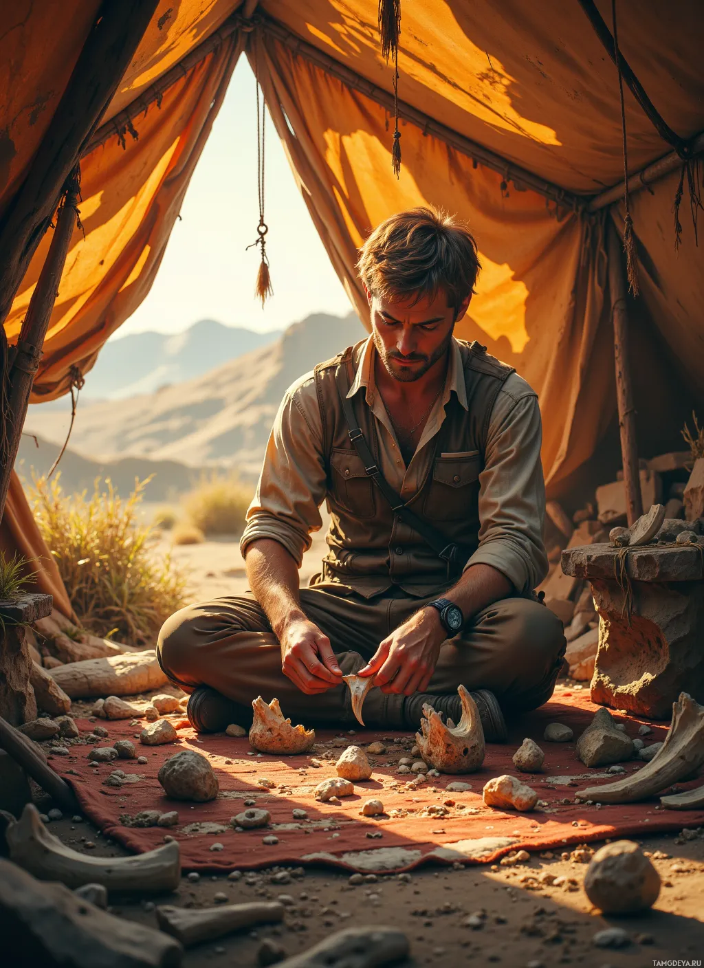 A man sits cross-legged inside a tent, examining a bone in a desert setting.