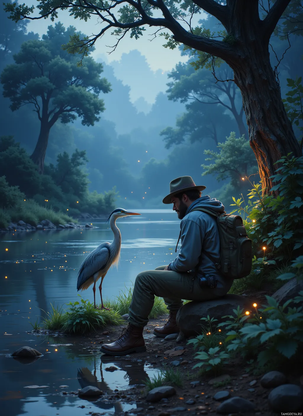 A man in a hat sits by a river, observing a heron standing on the bank.