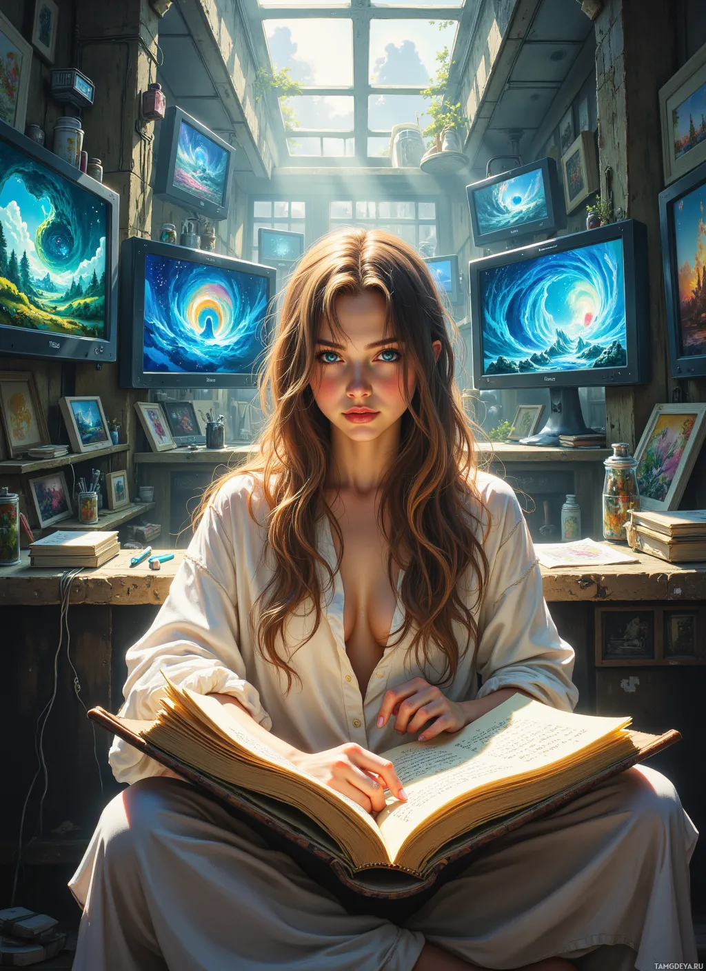 A woman sits in a sunlit room surrounded by artwork and monitors, holding an open book.