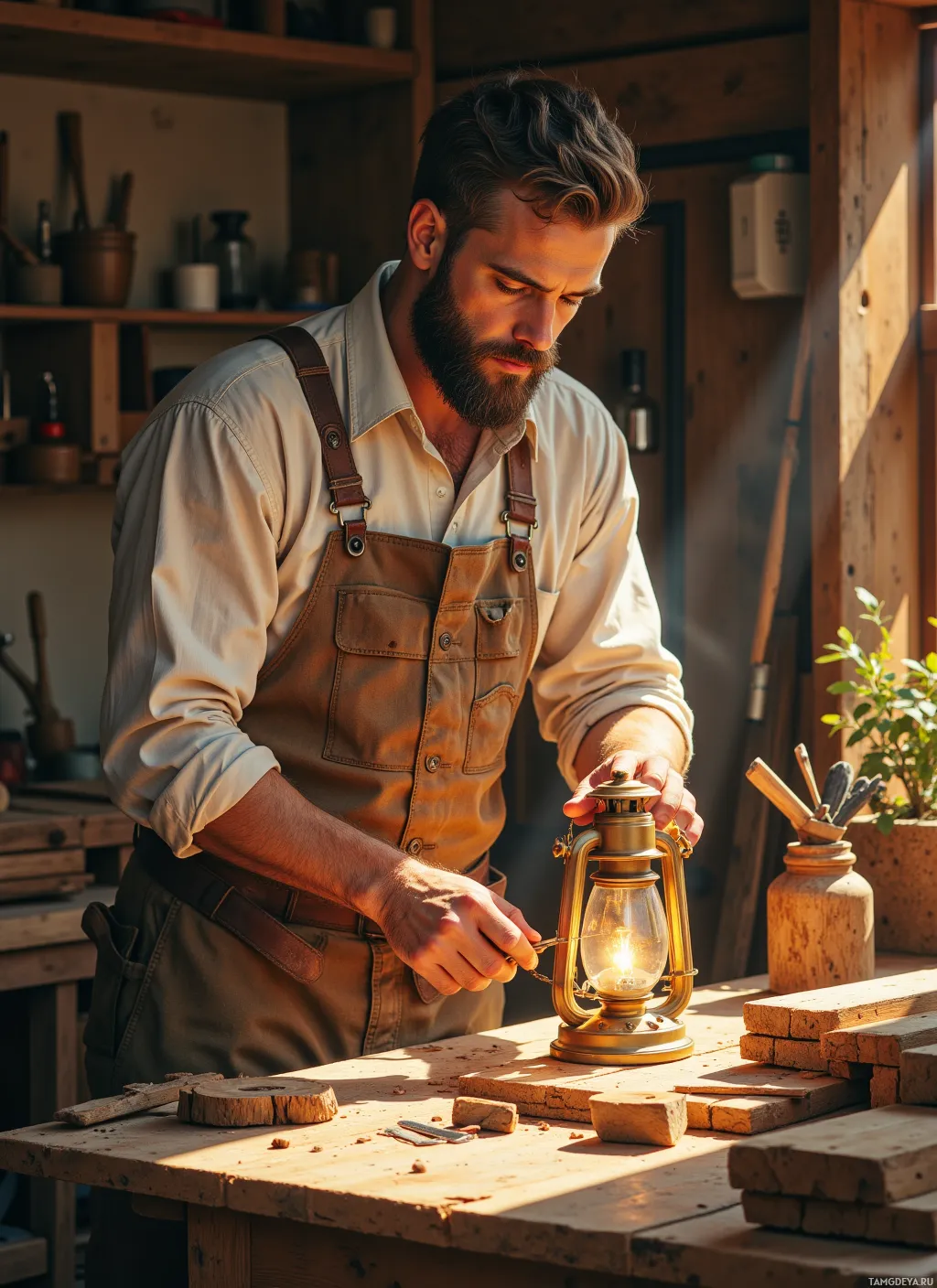 A man in a workshop lighting a lantern.