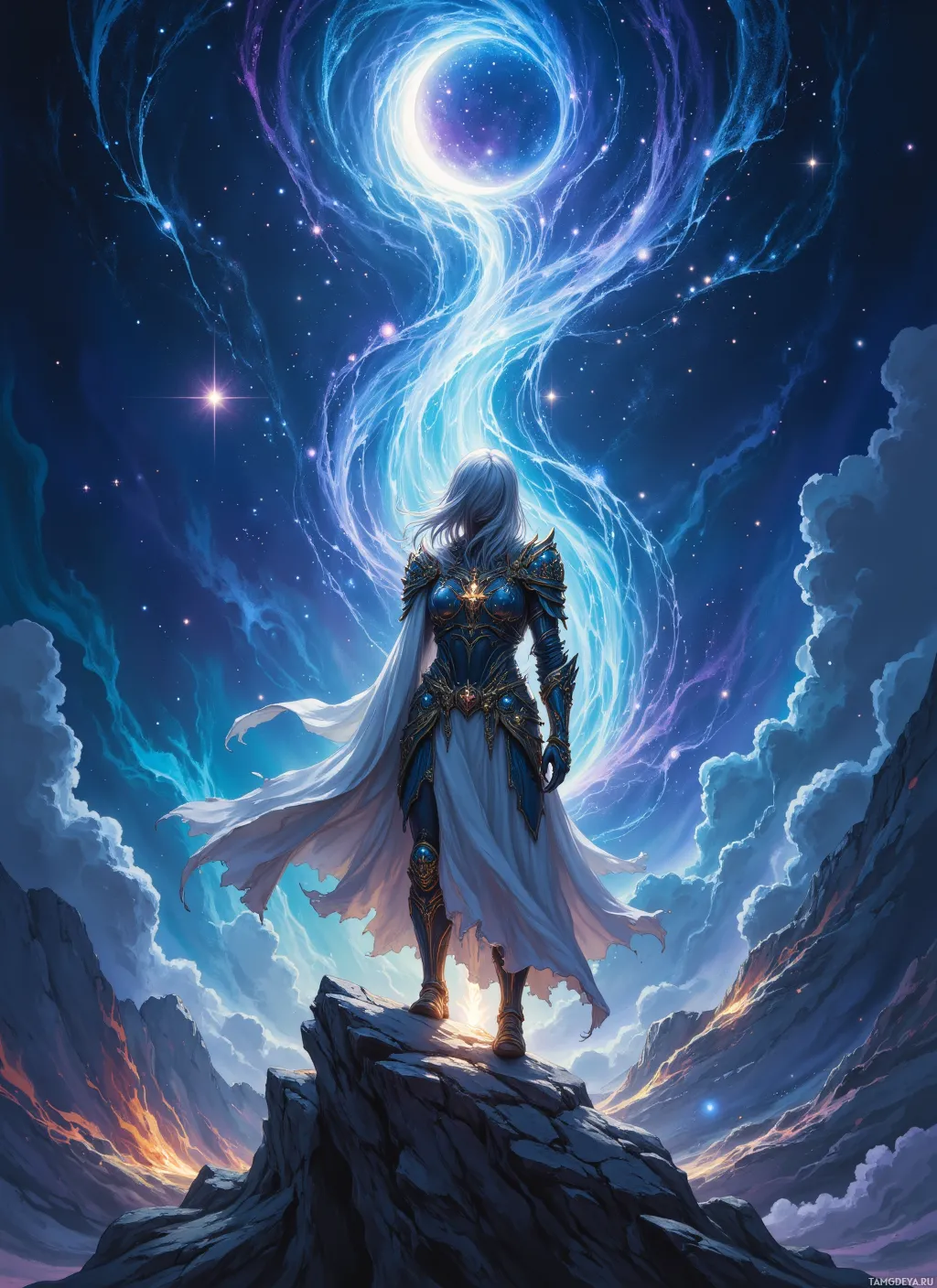 A figure in ornate armor stands atop a rocky peak, gazing at a swirling cosmic portal in the night sky.