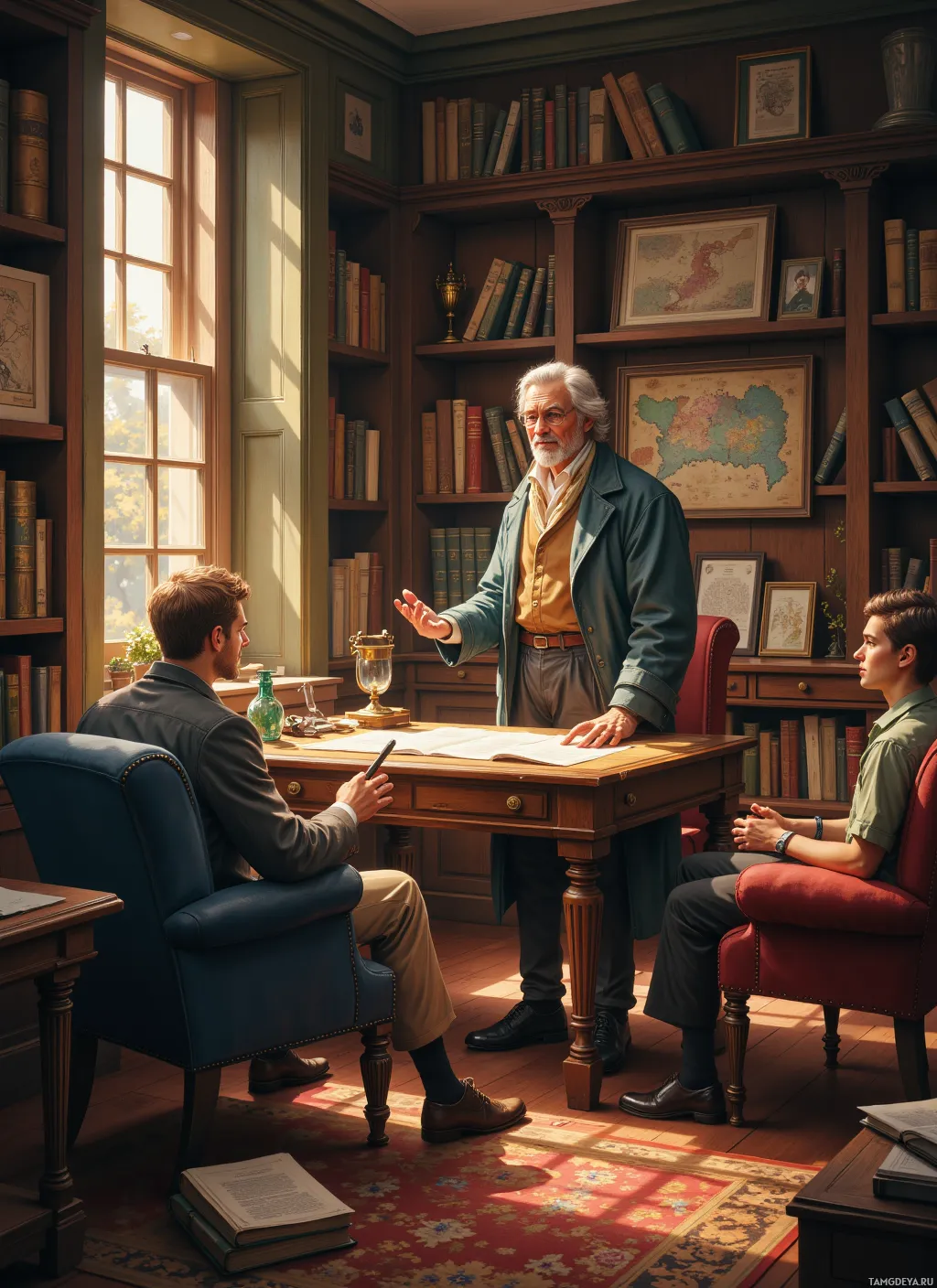 A man in a formal outfit stands at a desk, gesturing while speaking to two seated individuals in a study filled with books and framed maps.