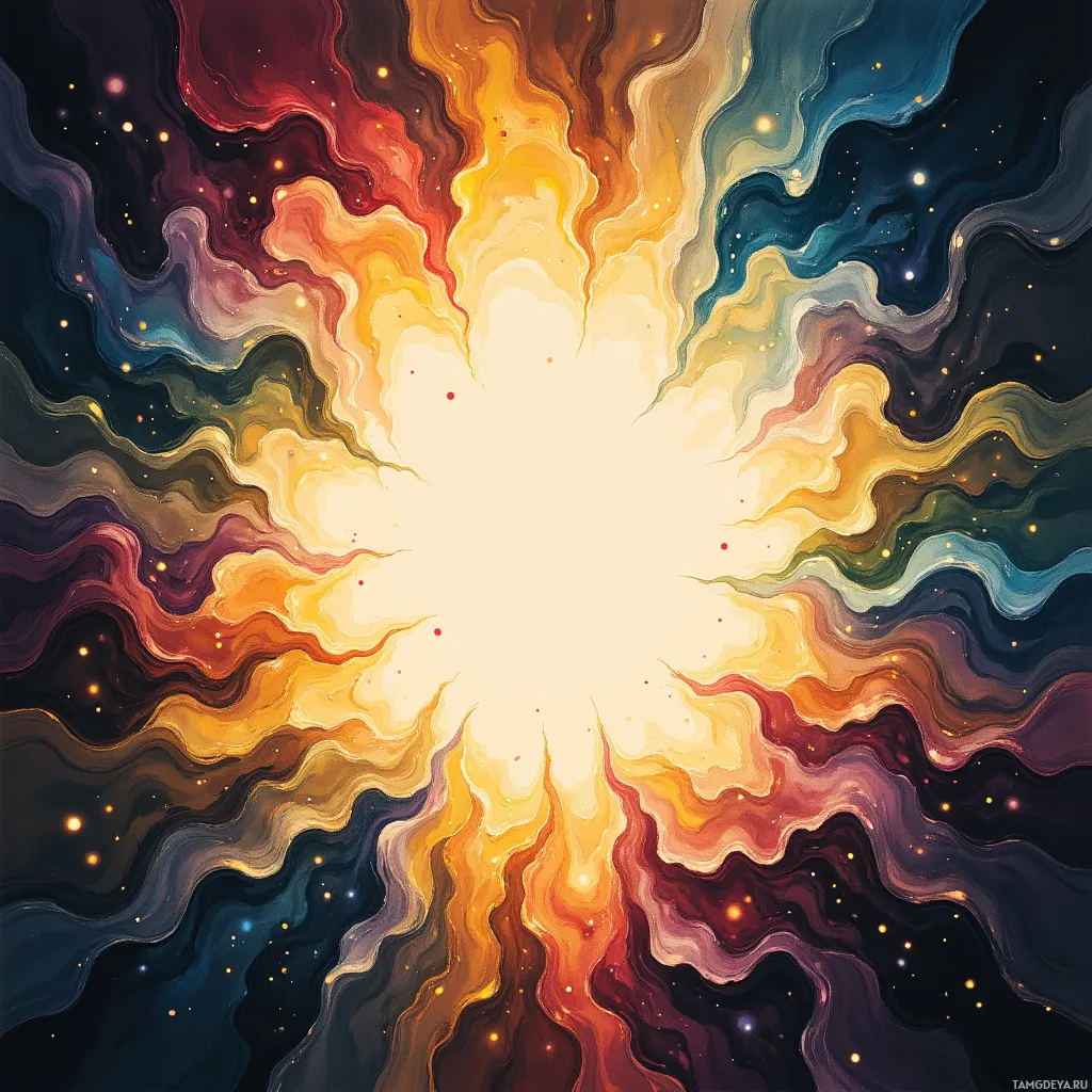 A vibrant, abstract painting featuring swirling patterns and a gradient of warm colors radiating outward from a bright center.