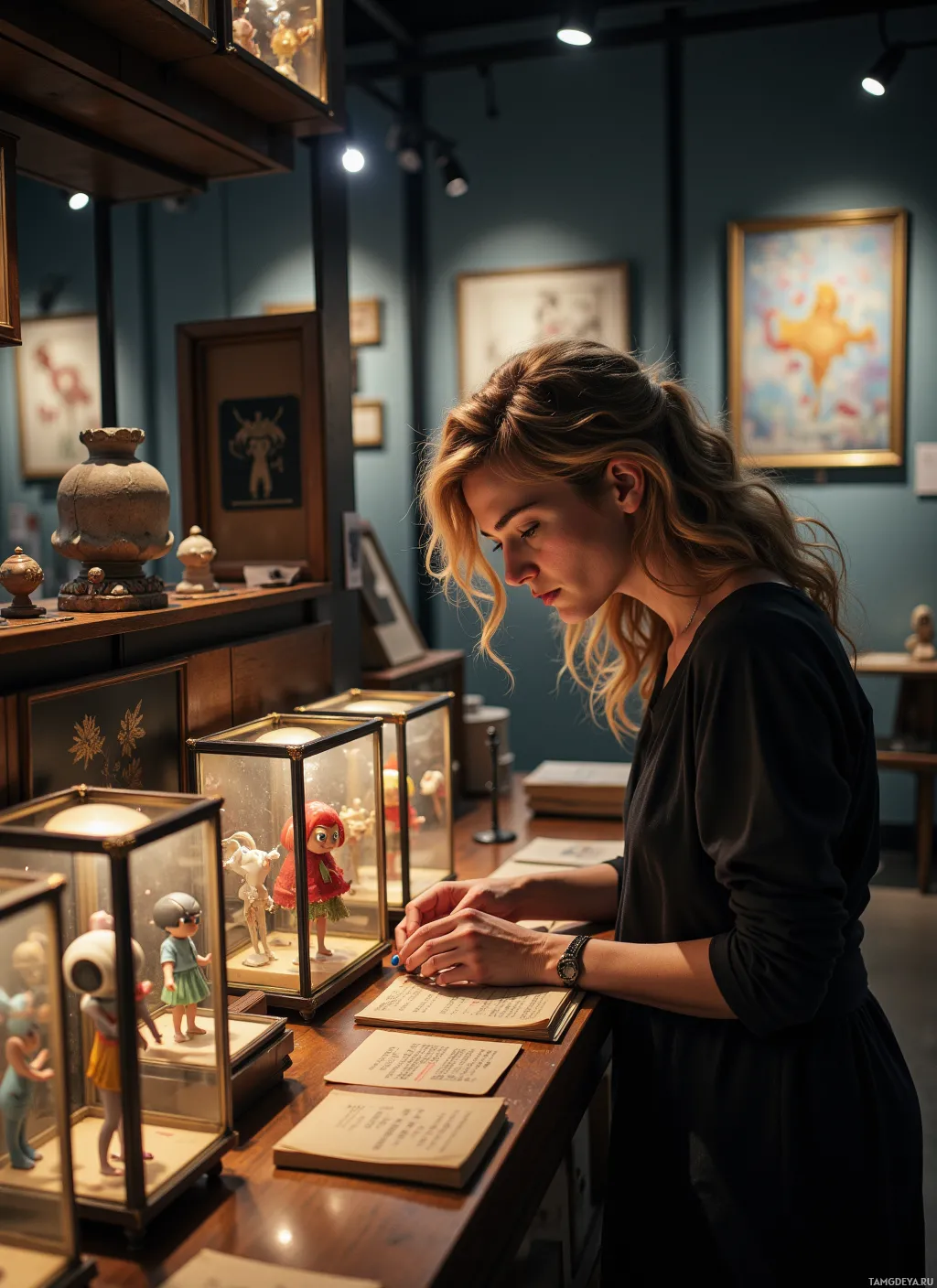 A woman examines a book and dolls in glass cases in a museum-like setting.