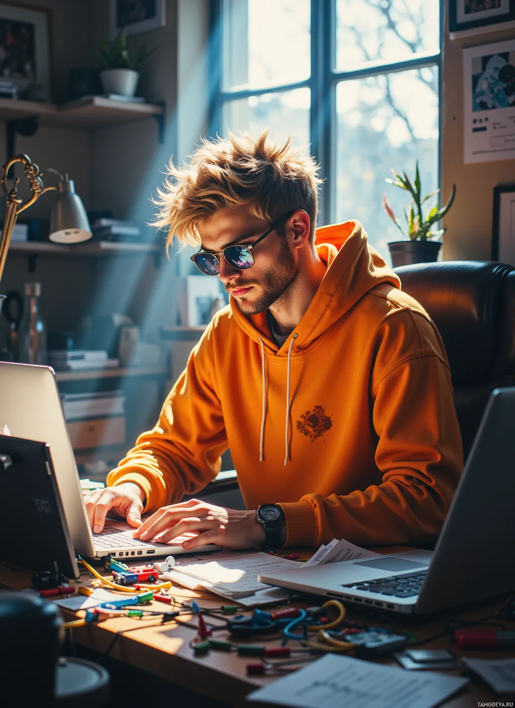 A person wearing an orange hoodie works on a laptop in a sunlit room with various items on the desk.