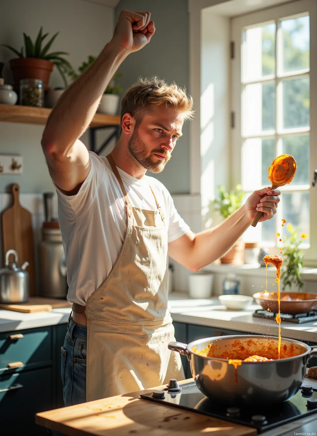 A man in a kitchen pours sauce from a ladle into a pot.