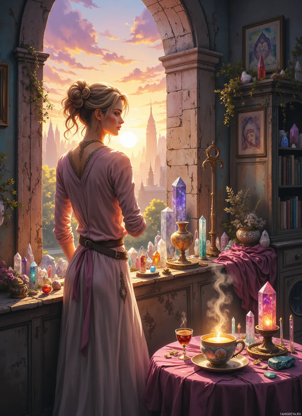 A woman in a pink dress stands by a window, gazing at a cityscape at sunset.