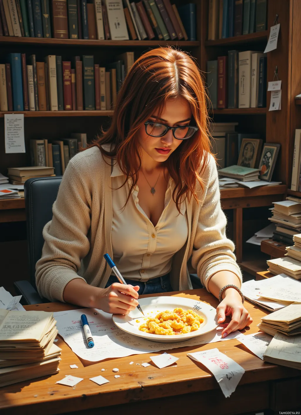 A woman is sitting at a desk in a library, writing on a plate of food.