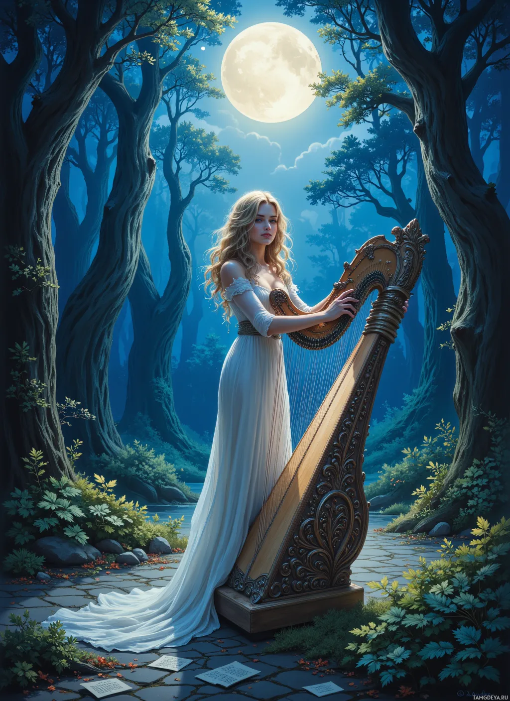 A woman in a white gown plays a harp in a moonlit forest.