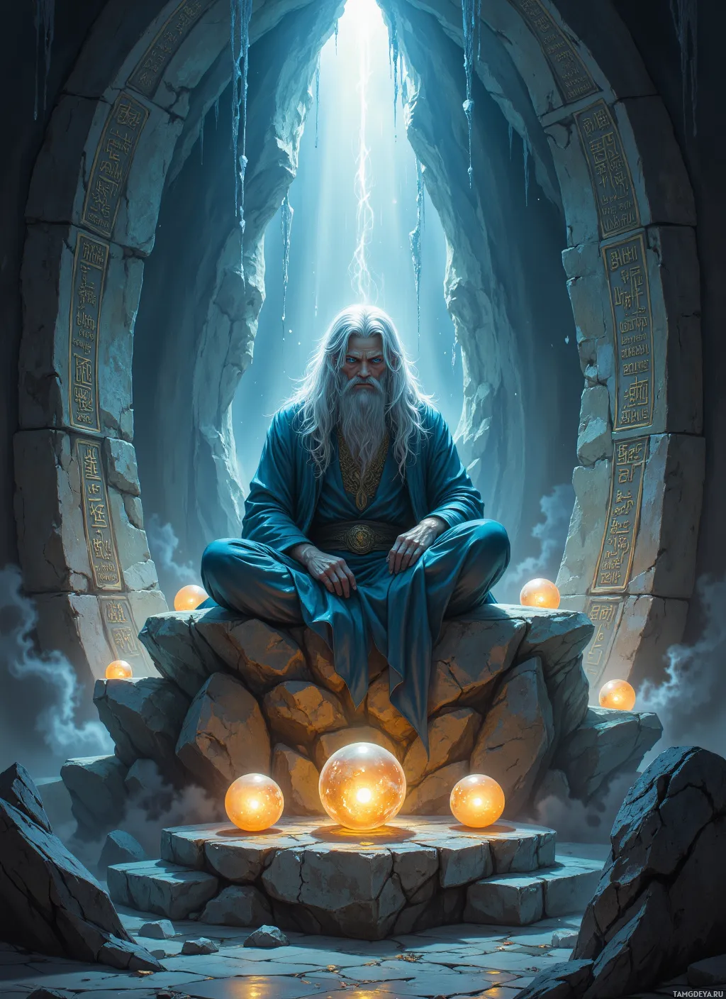 A wizard sits in a cave, surrounded by glowing orbs and illuminated by a beam of light.