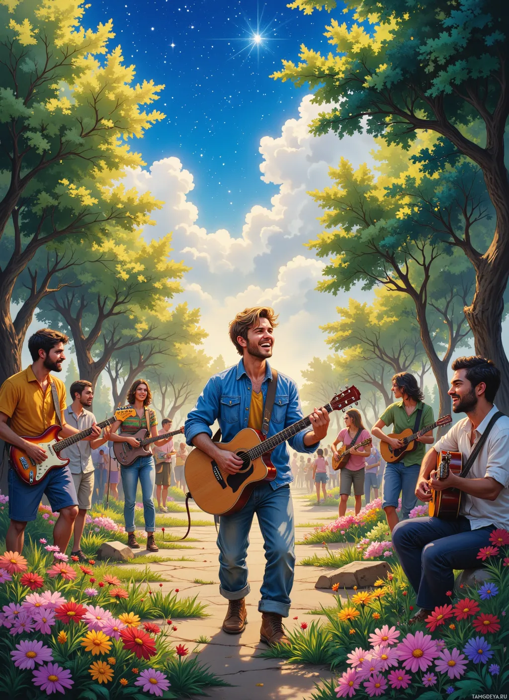 A group of people playing guitars in a vibrant, colorful park setting.