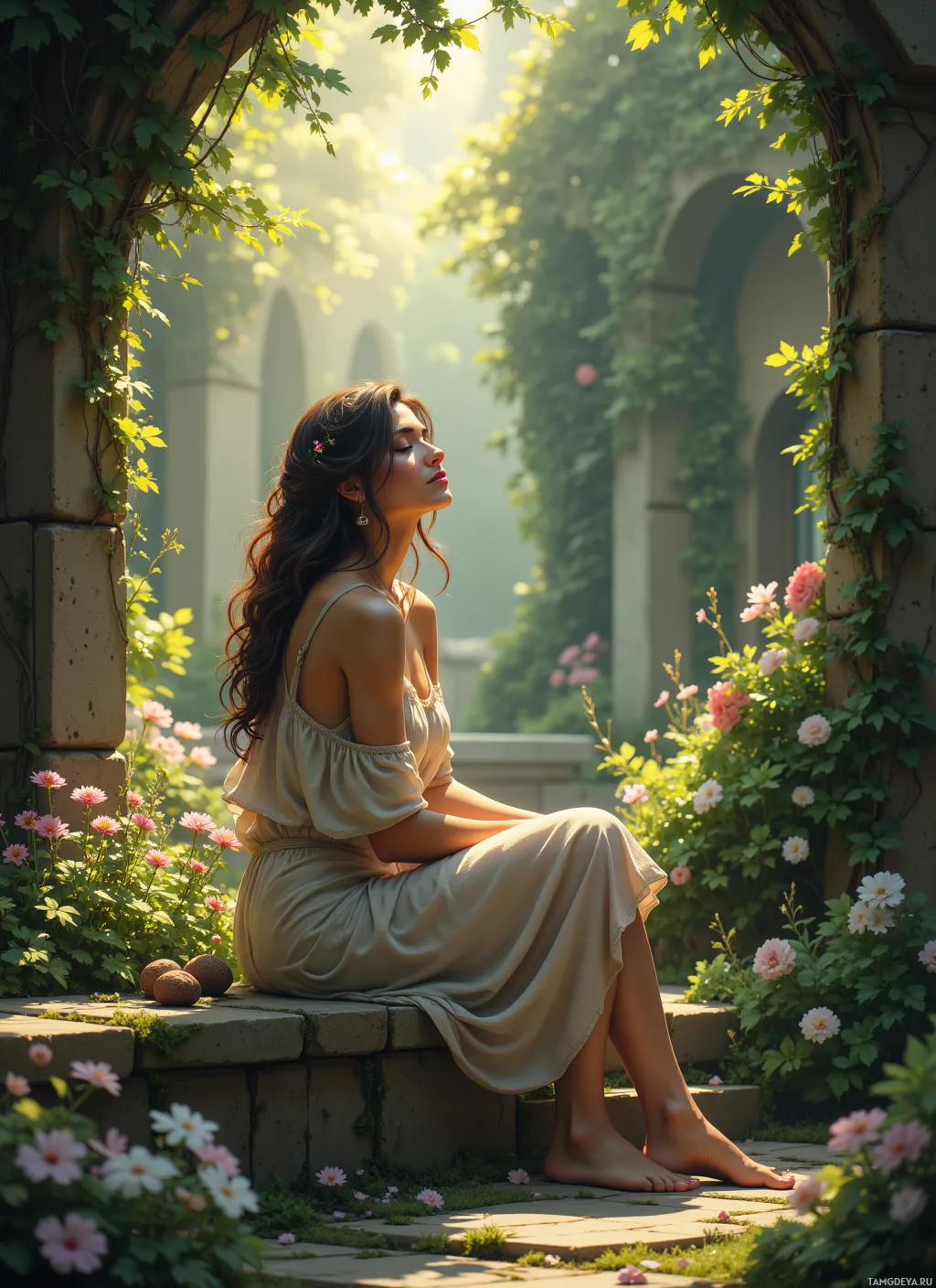 A woman in a flowing dress sits on stone steps surrounded by lush greenery and blooming flowers.