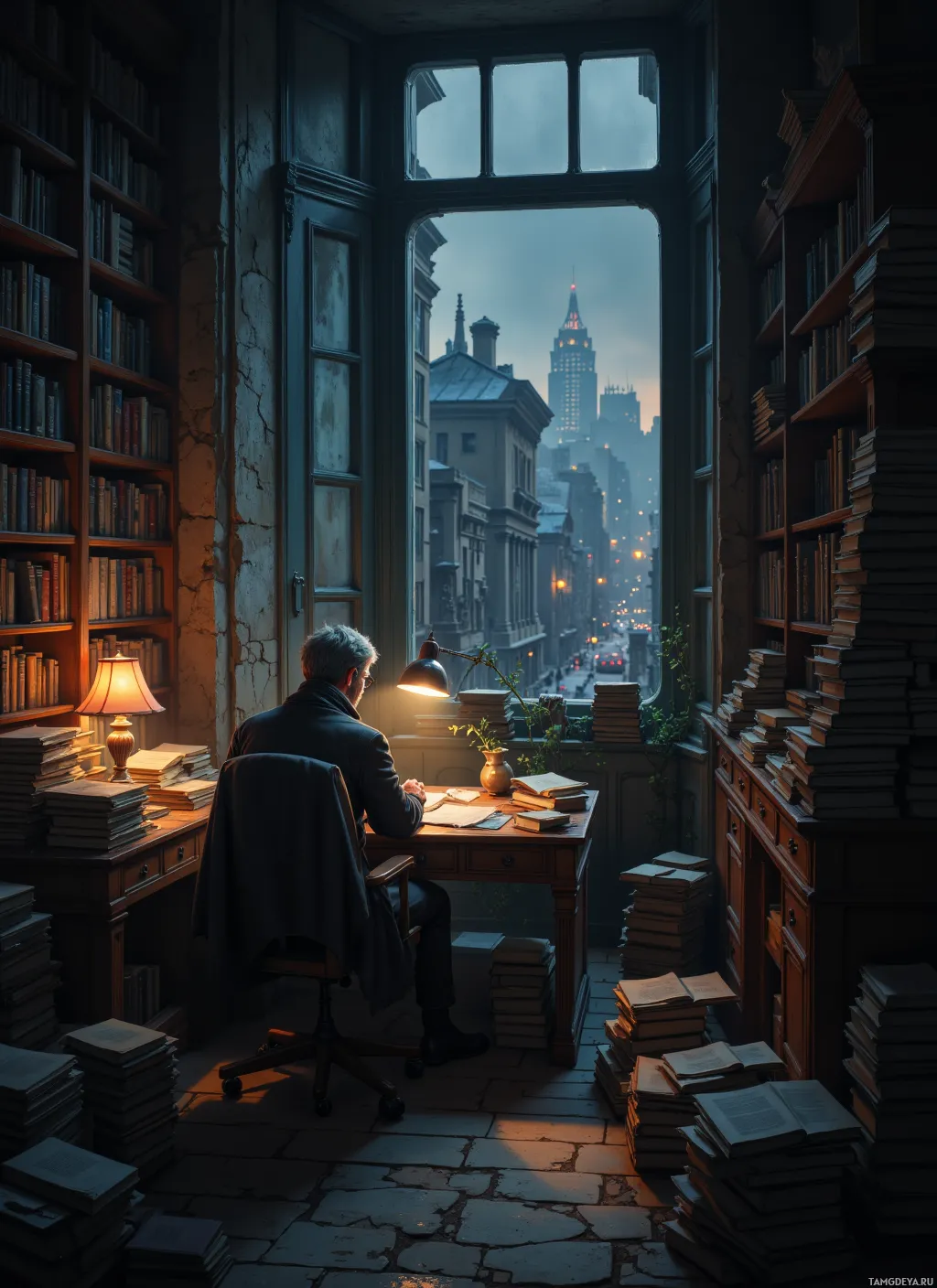 A man sits at a desk in a dimly lit room, surrounded by books, facing a large window overlooking a cityscape.