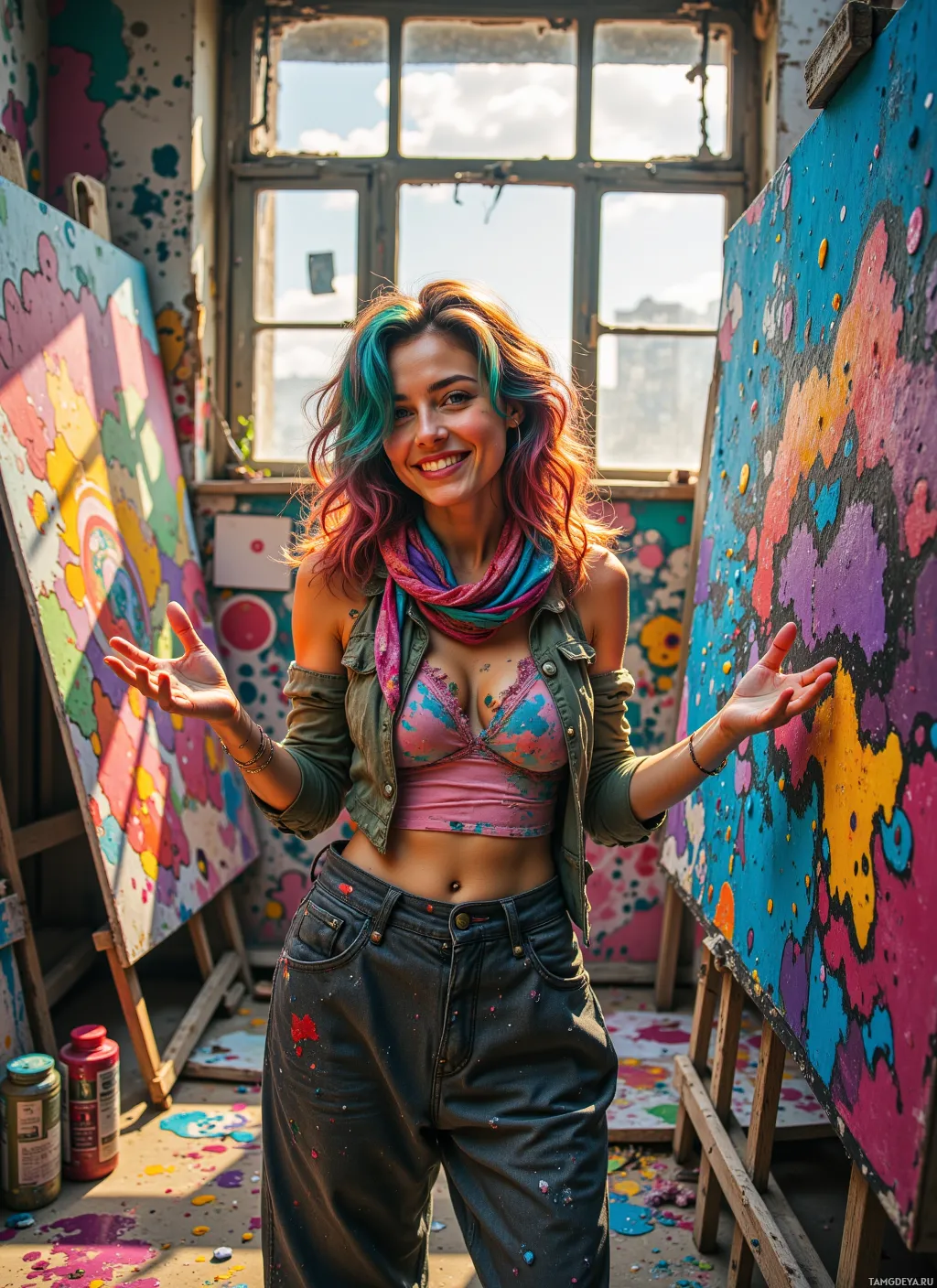 A woman stands in a vibrant, paint-splattered art studio, smiling with her hands outstretched.