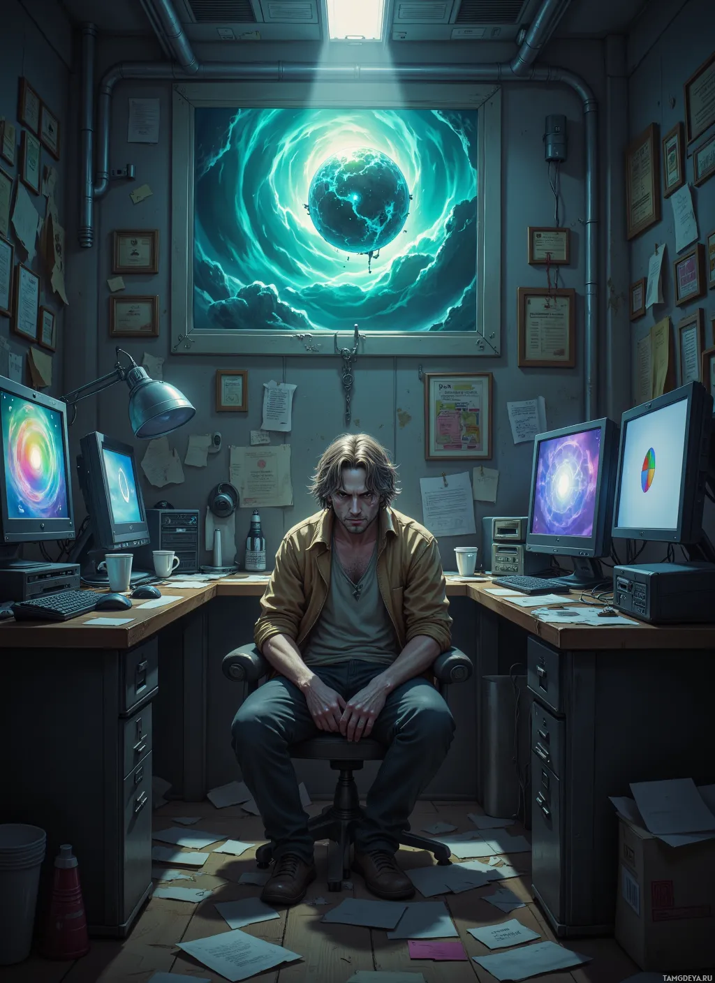 A man sits in a cluttered office with multiple monitors displaying abstract visuals.