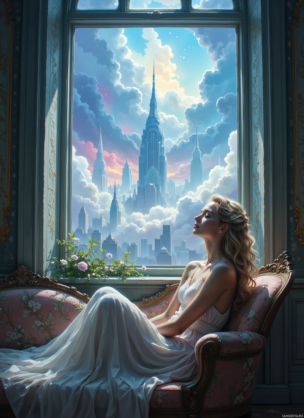 A woman in a white dress sits on a floral-patterned armchair, gazing out at a fantastical cityscape through a large window.